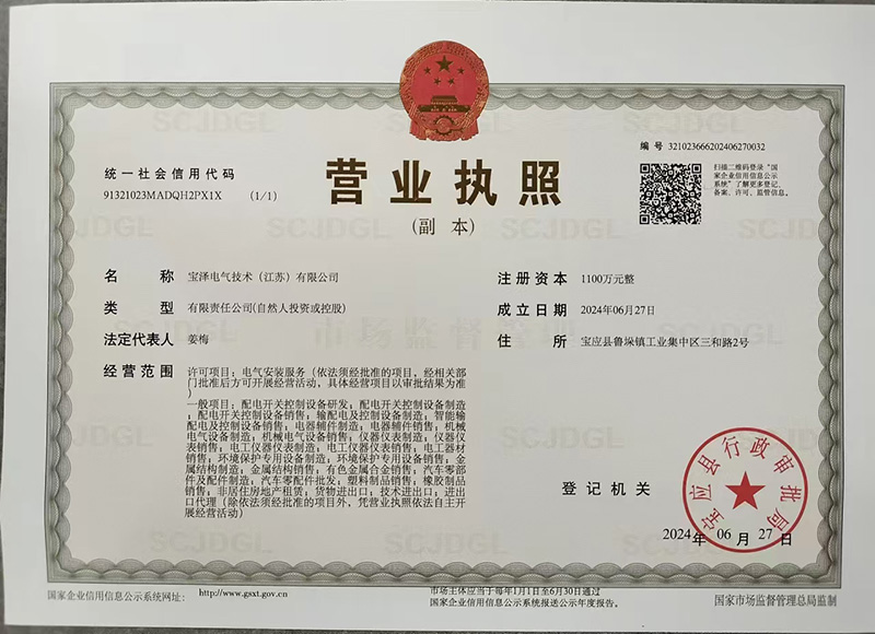 宝泽电气技术（江苏）有限公司营业执照